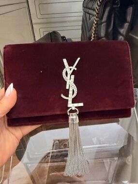 Saint Laurent Velvet Tassel Crossbody in Burgundy with Crystal YSL